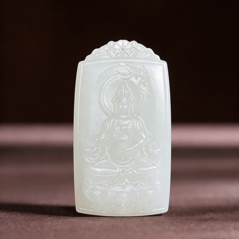 【孤品 】天然俄料一级白和田玉羊脂玉观音莲花牌挂件玉石吊坠玉佩