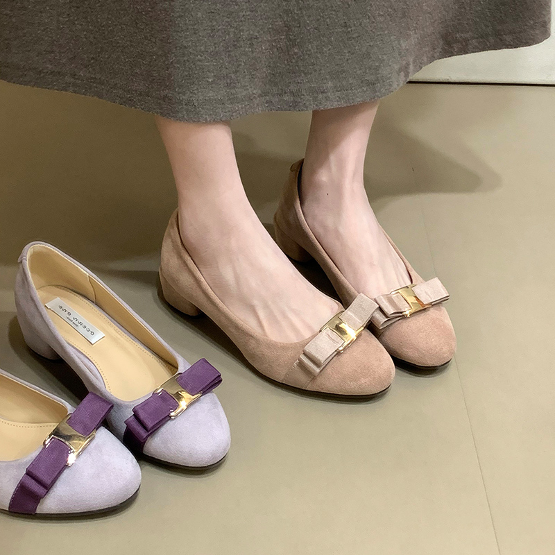 圆头优雅蝴蝶结粗跟紫色单鞋春季新款金属扣通勤女鞋