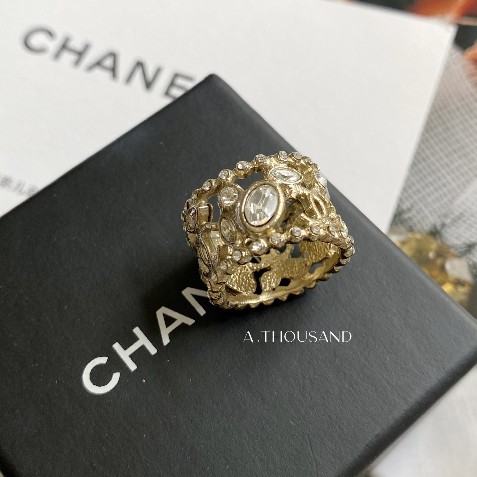 95新 Chanel/香奈儿 浅金色镂空满钻戒指-81294468