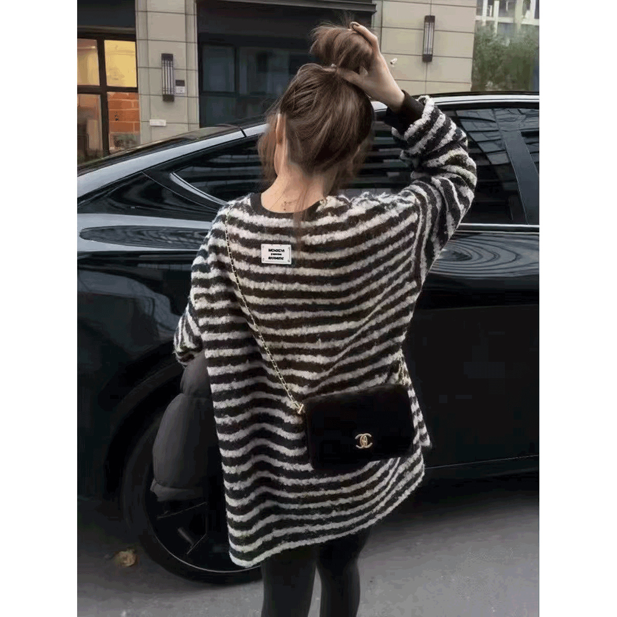 超好看【黑白条纹·颗粒绒】卫衣秋冬新款时尚休闲宽松百搭上衣25139