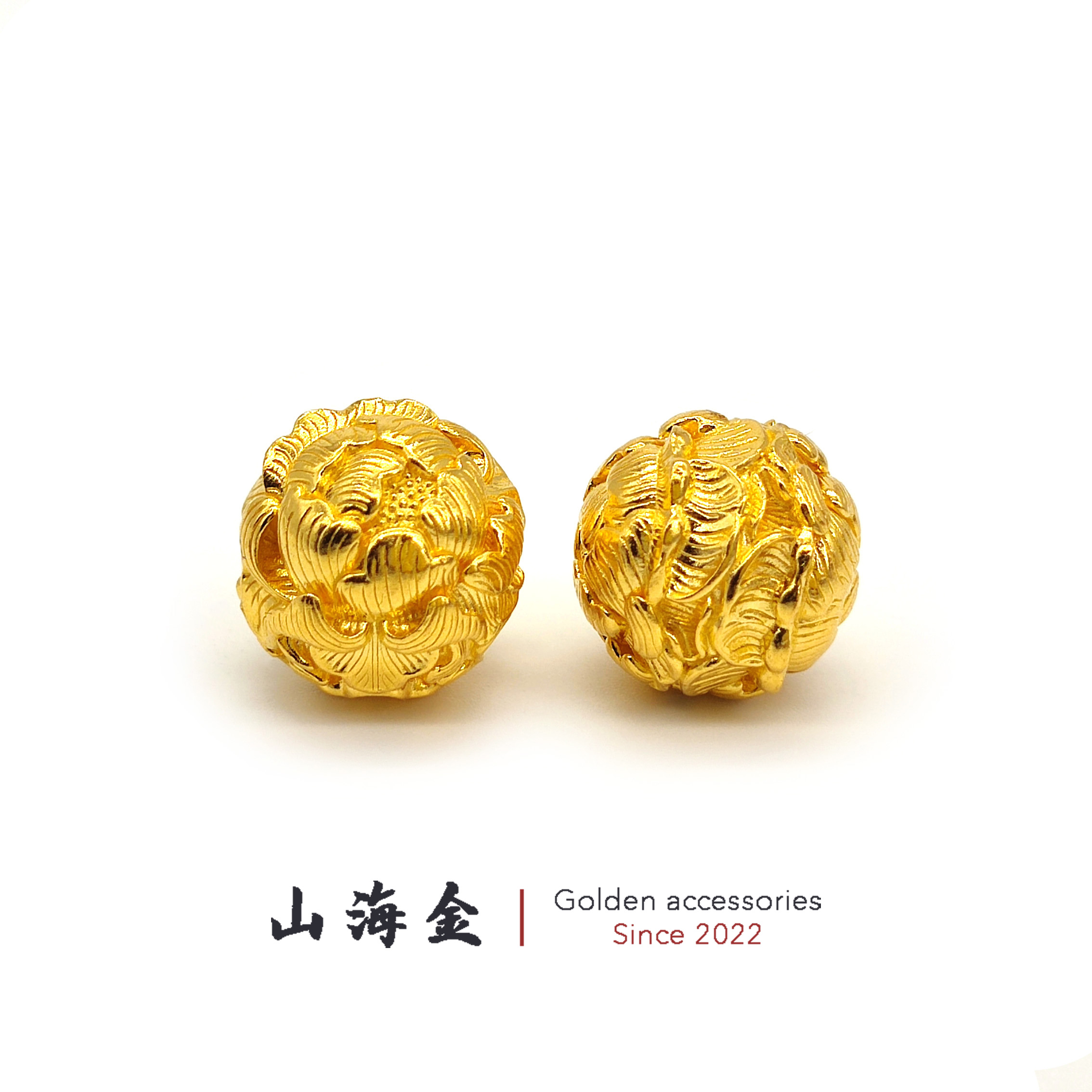 山海金 24K黄金999足金古法金牡丹花圆珠錾刻隔珠文玩手串DIY配饰