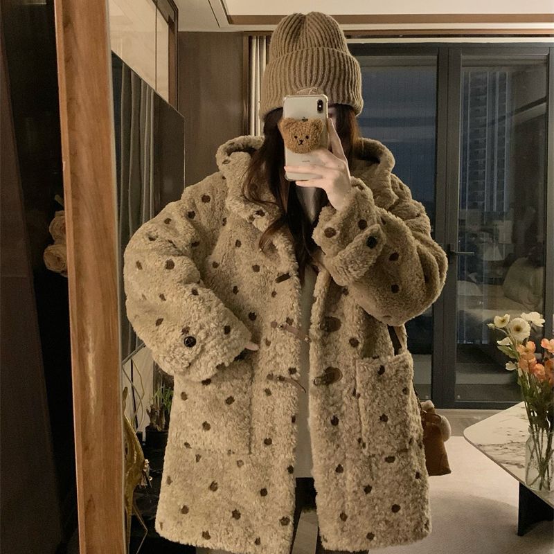 胖颖专属大码冬季新款宽松慵懒加厚波点连帽皮毛一体外套3090