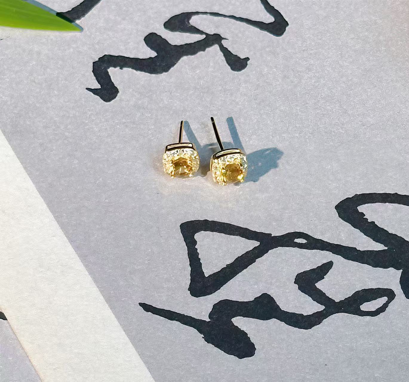 天然黄水晶方糖耳钉S925银耳饰