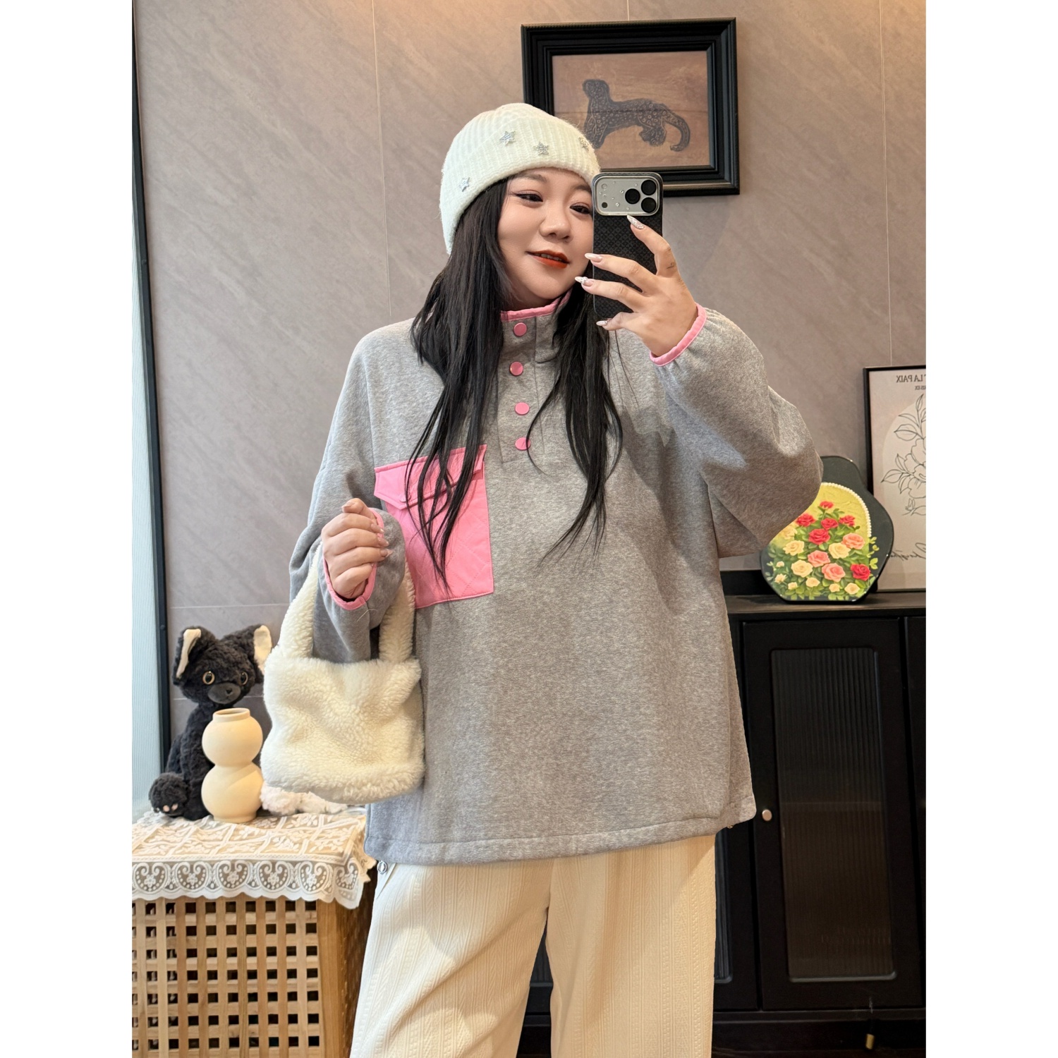 花契“浅眠茉莉”大码女装冬季宽松200斤胖mm韩系加绒卫衣16602-H