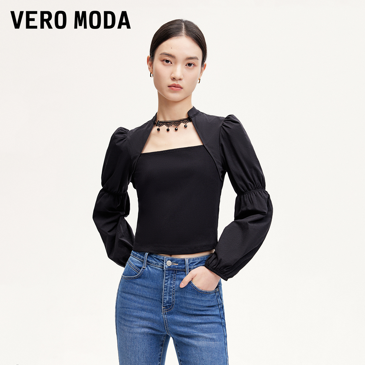Vero ModaT恤2025秋季方领针织拼接泡泡袖上衣老钱风松弛感女装