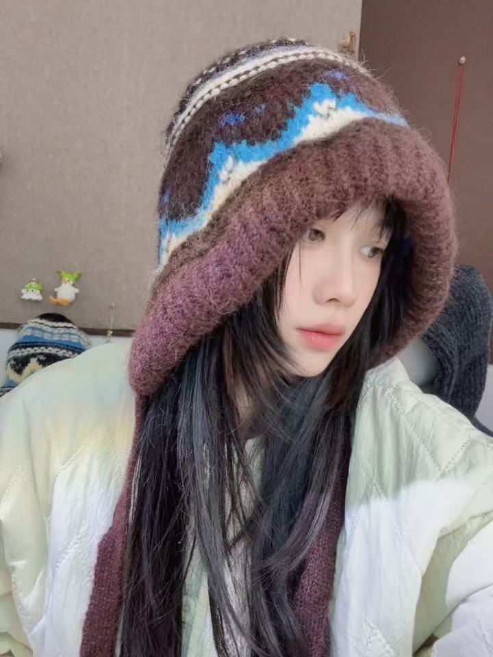 费尔岛风针织毛线帽秋冬护耳两用包包帽显脸小保暖包头帽子