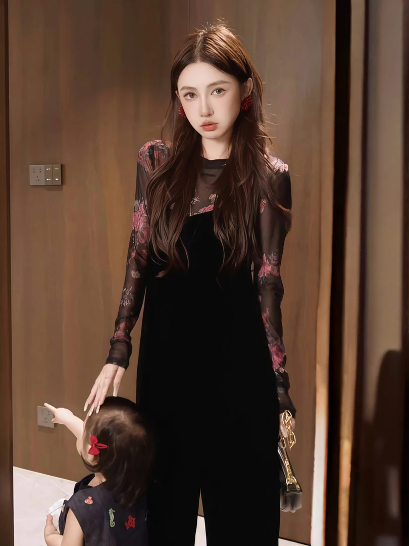 早秋新款国风薄款丝绒背带裤+修身显瘦长袖打底上衣套装8012#