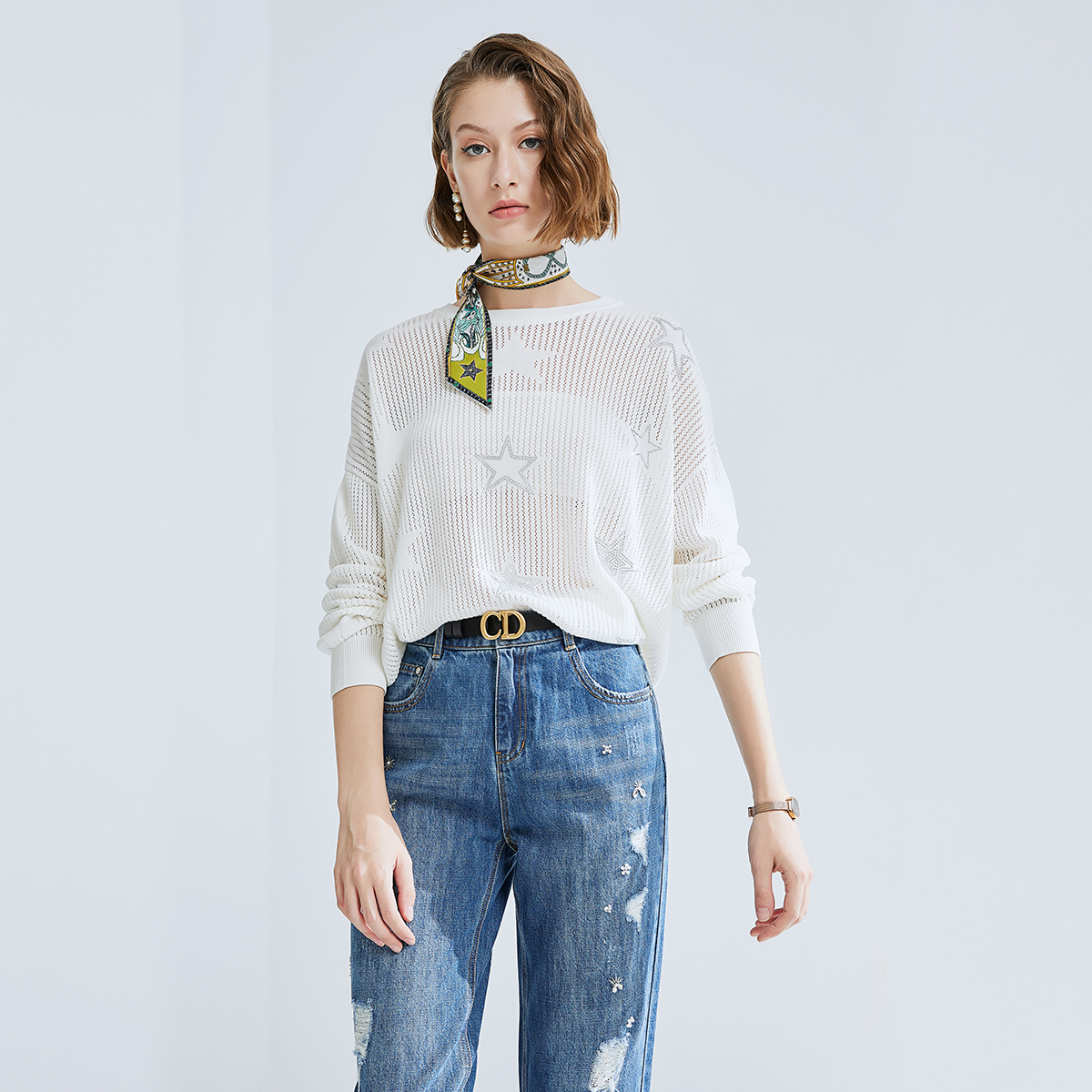 【婷婷专属】曼德诗透视毛衣女夏季设计感洋气上衣圆领长袖针织衫