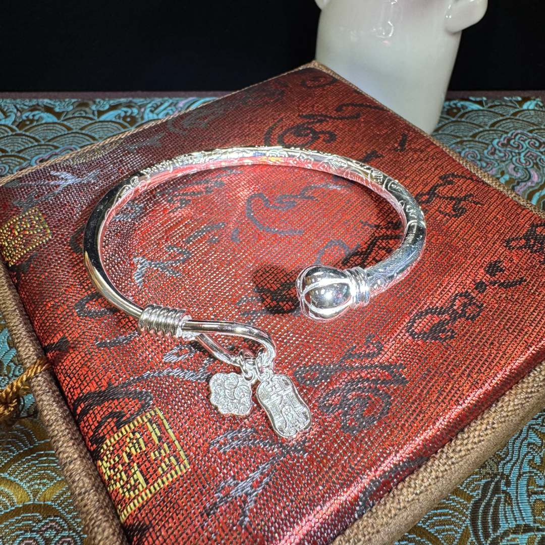 【T】足银手镯 吉言喜乐圆头开口手镯 SZ0041