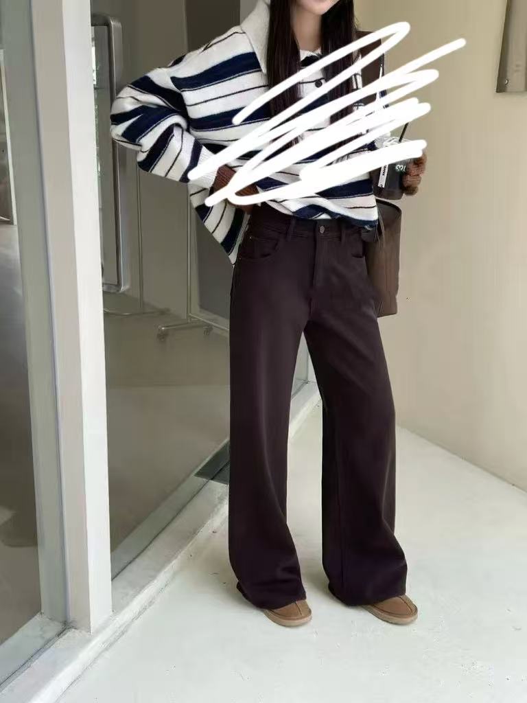 SU[392] 代G  愫燕  正品冬季咖色加绒显瘦阔腿裤微喇叭裤弹力