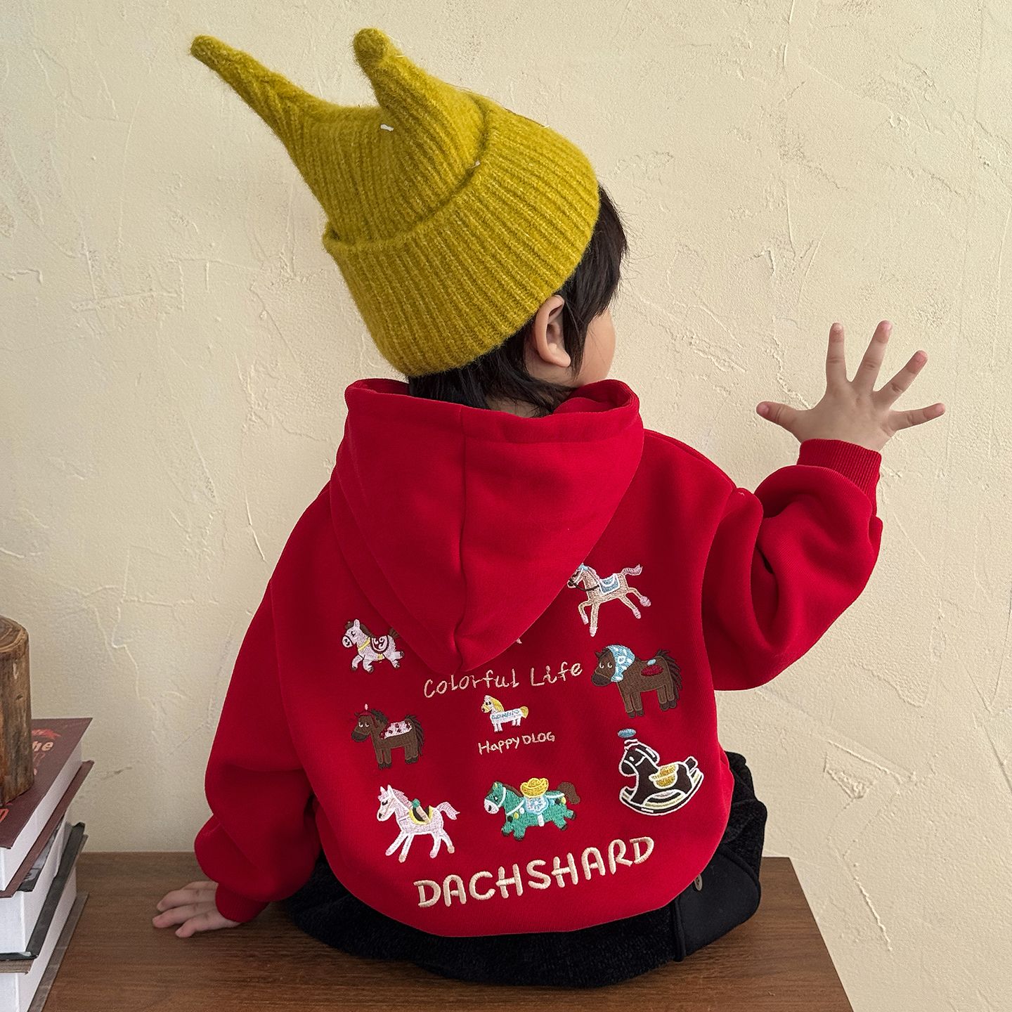 男童加绒卫衣连帽衫红色一体绒宝宝童装2025新款洋气秋冬儿童上衣