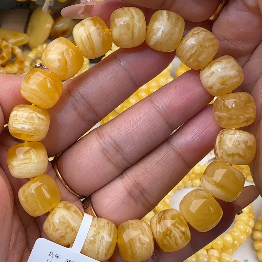 蜜蜡未镶嵌手链金白虎皮妖花老型手串