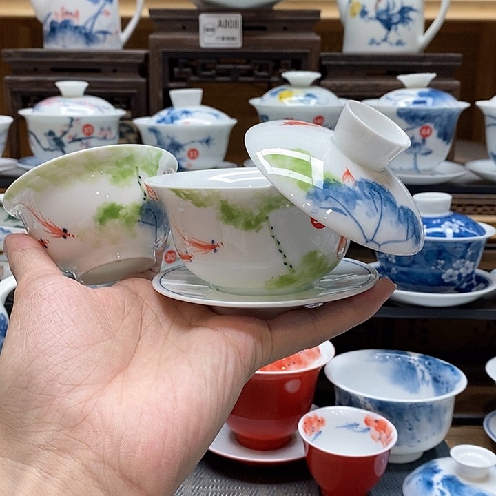 纯手绘五彩荷花150cc盖碗➕压手杯85cc釉下彩微瑕福利款