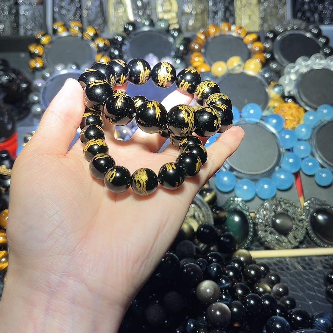 黑曜岩合金手链观****骨黑曜石12m龙形➕16m黑曜龙形