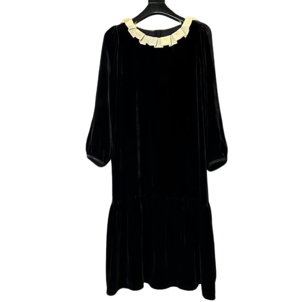 南油粤云  100%桑蚕丝真丝丝绒领子压褶撞色气质优雅连衣裙