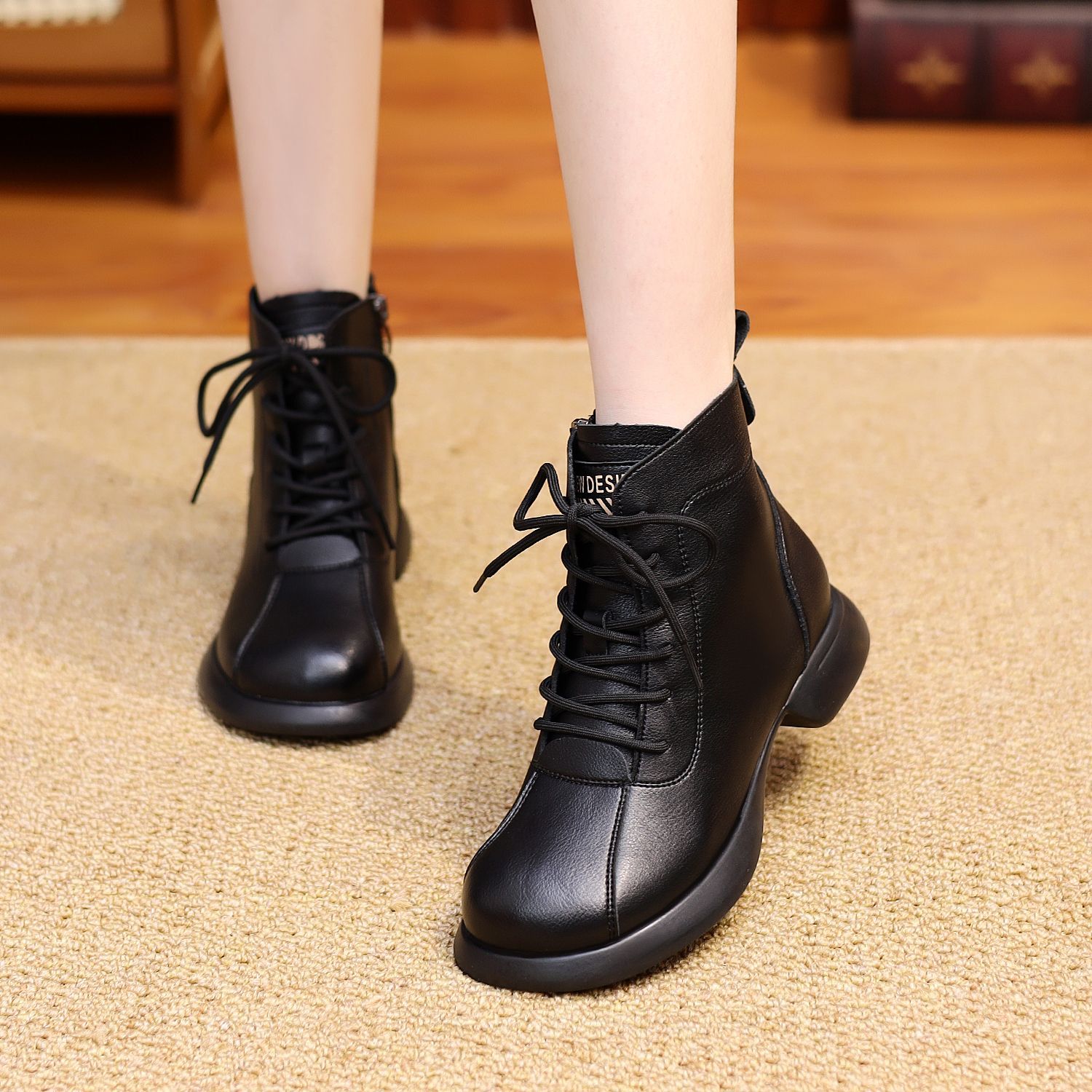 M-4马丁靴女2024秋季单靴软底复古圆头加绒加厚冬季羊毛平底短靴