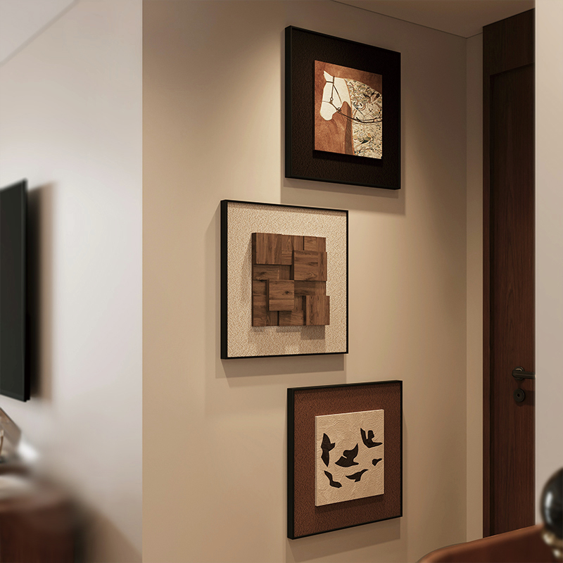 中古风挂画法式玄关装饰画原木抽象壁画复古高级感客厅挂画组合画