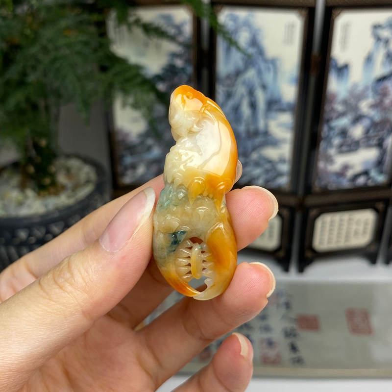 老料红翡飘蓝花抓钱八方来财吊坠蟹钳 天然翡翠A货 