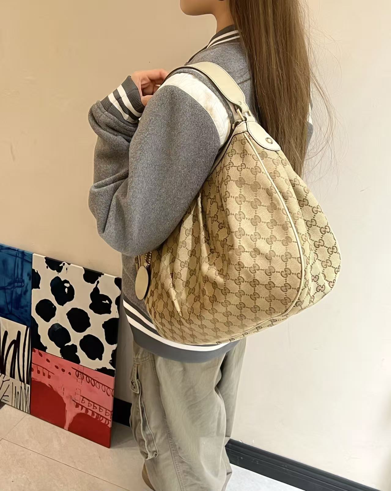 95新 GUCCI/古驰 老花拼皮hobo/单肩包