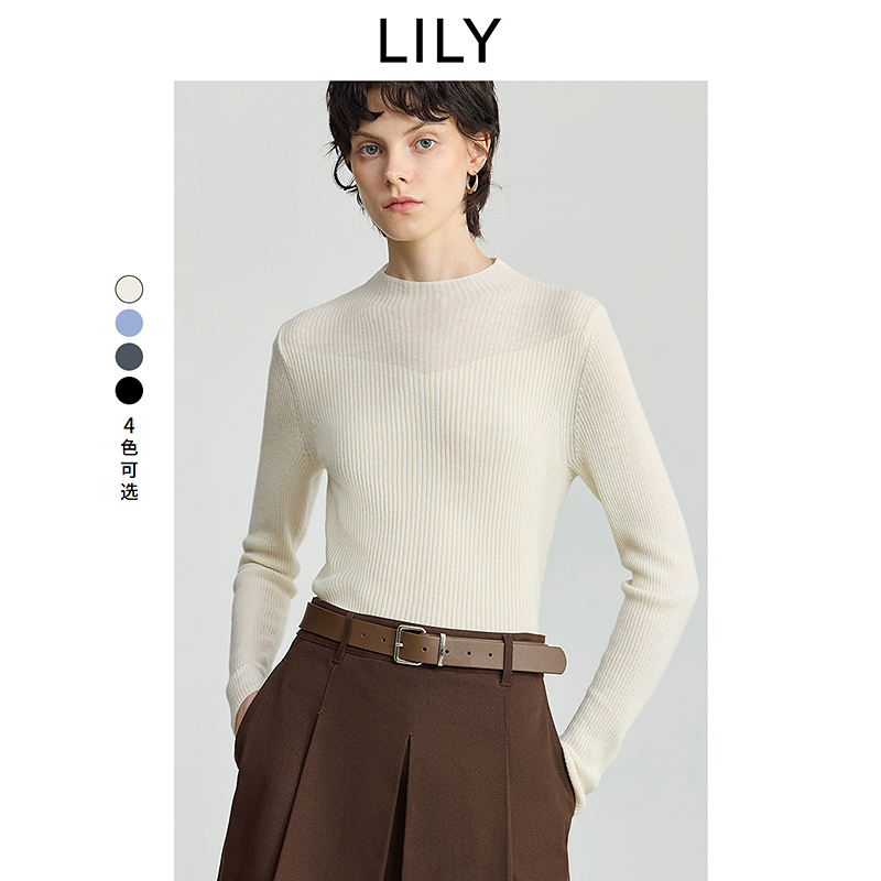 100%羊毛LILY2025冬新款半高领修身气质针织衫毛衣女125409TKE03