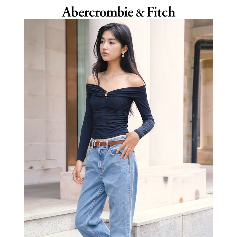 AF女装25秋季新款修身性感辣妹褶皱一字肩露肩长袖T恤139-5664
