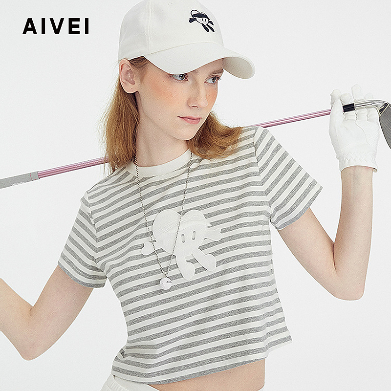 AIVEI欣贺艾薇2025春季减龄甜酷风正肩灰色条纹截短T恤S713718B
