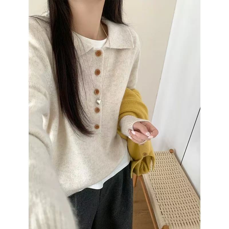 【左耳与麻】2025冬季新款羊驼蜜熊翻领半开扣针织套头上衣5828