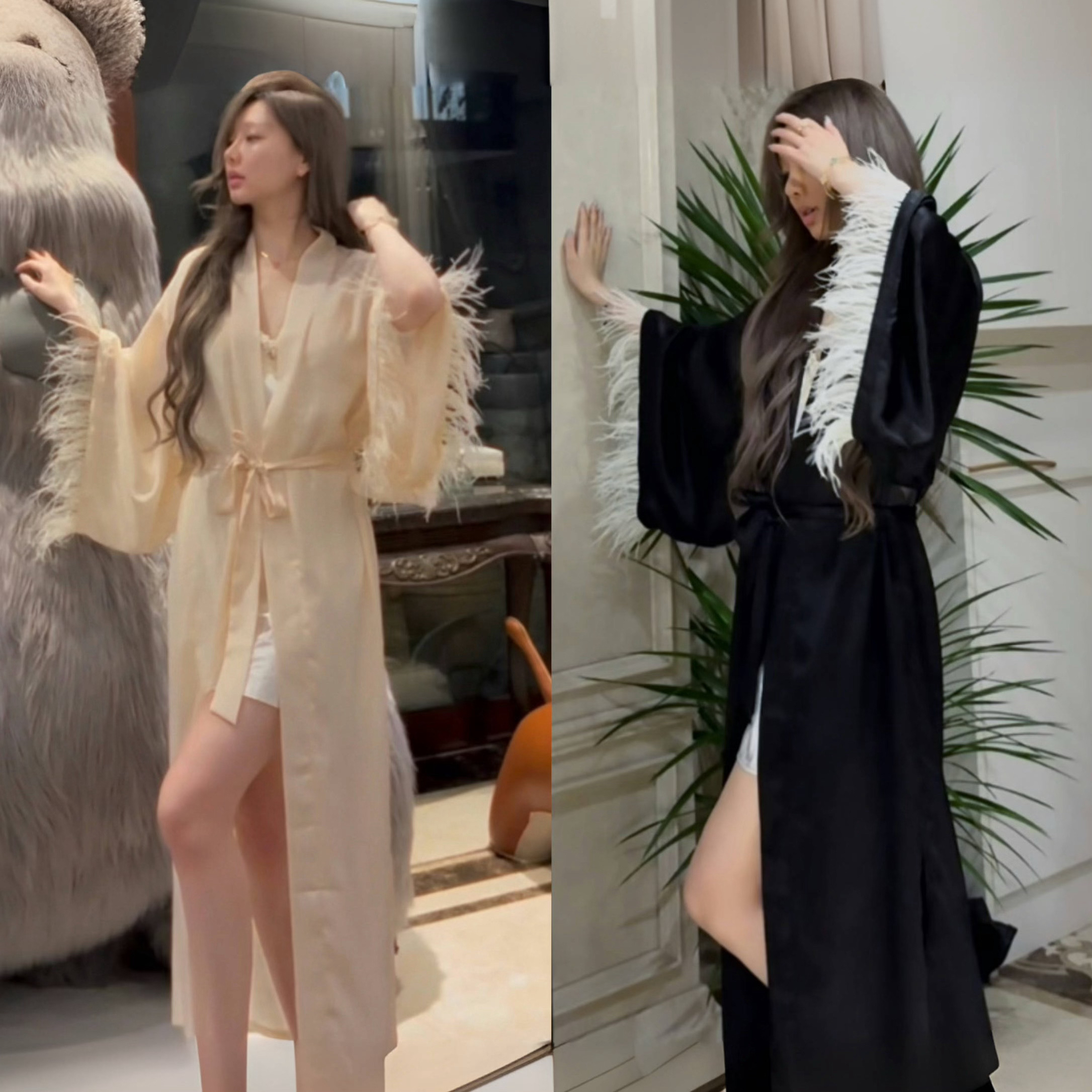 2439原创【御姐伴侣战袍】 珠光缎面可拆卸鸵鸟毛可外穿睡衣