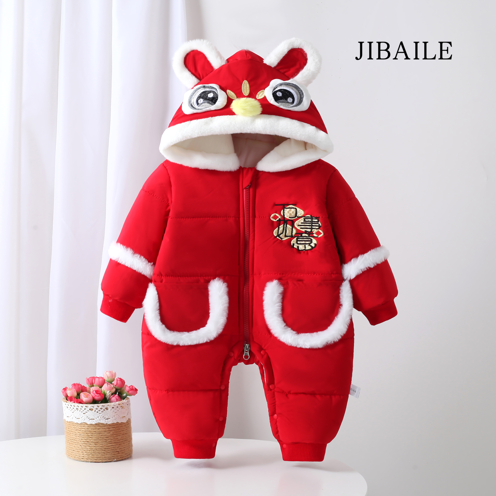 婴幼儿中国风红包兜舞狮帽棉哈衣加绒加厚拜年外出服