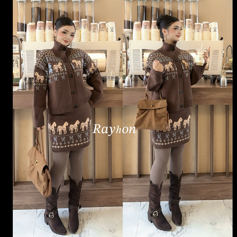 Rayhon一套复古提花立领长袖针织开衫搭配半身短裙秋冬新款女装