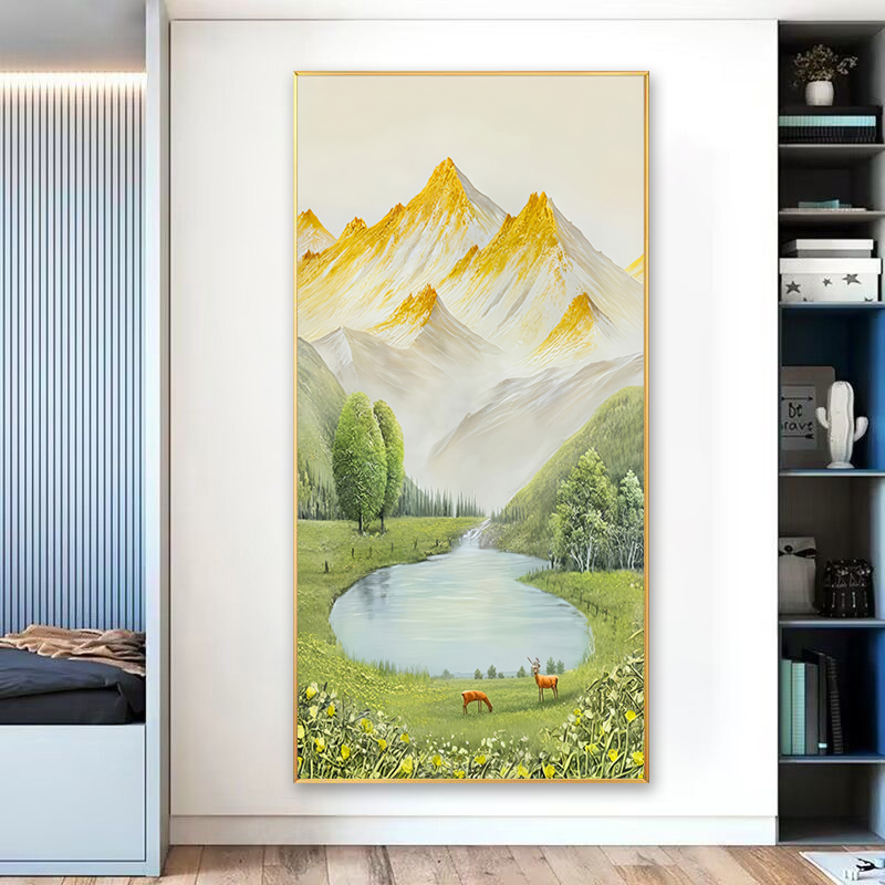 金山聚宝盆玄关装饰画风景山水挂画肌理入户壁画T09