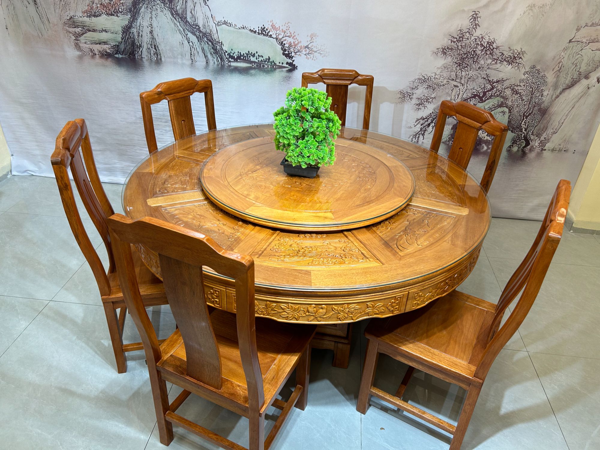 古典中式格木全实木圆形餐桌餐椅带转盘别墅自建房深雕花家用饭桌