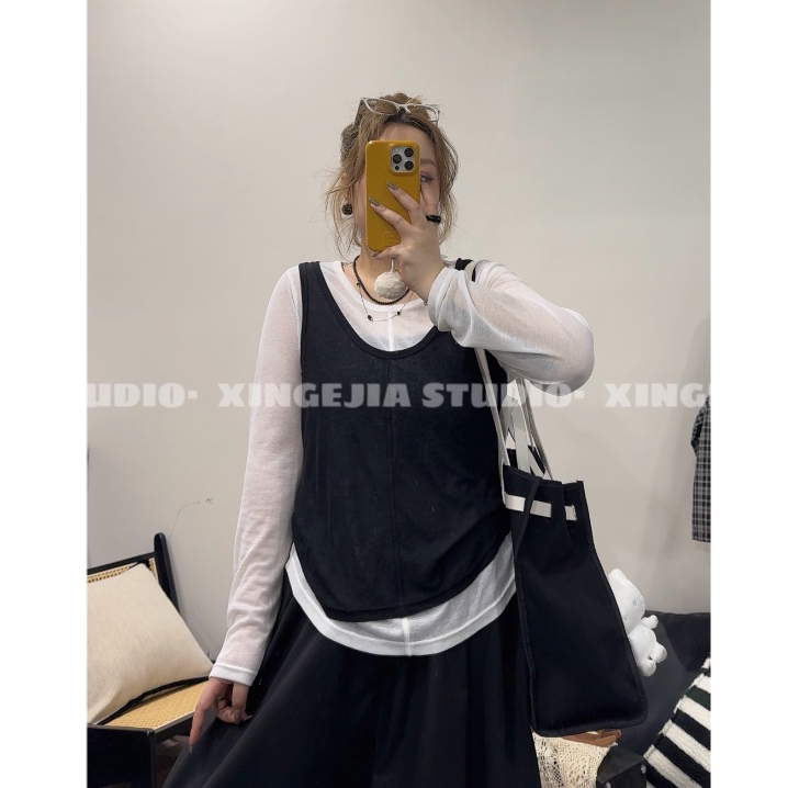 「xin:微胖大码」“透感”长袖➕背心真两件套T恤