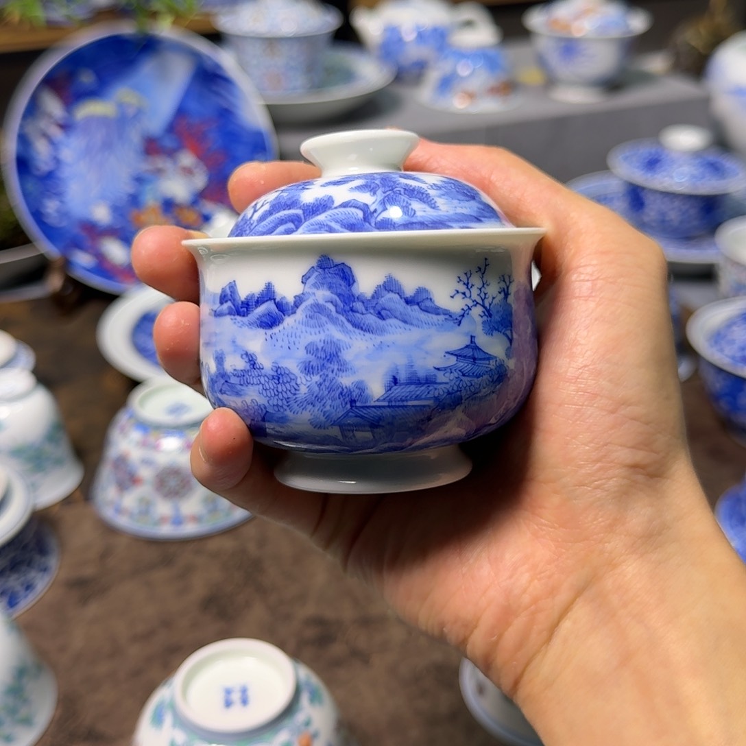 明逸堂山水布袋盖碗