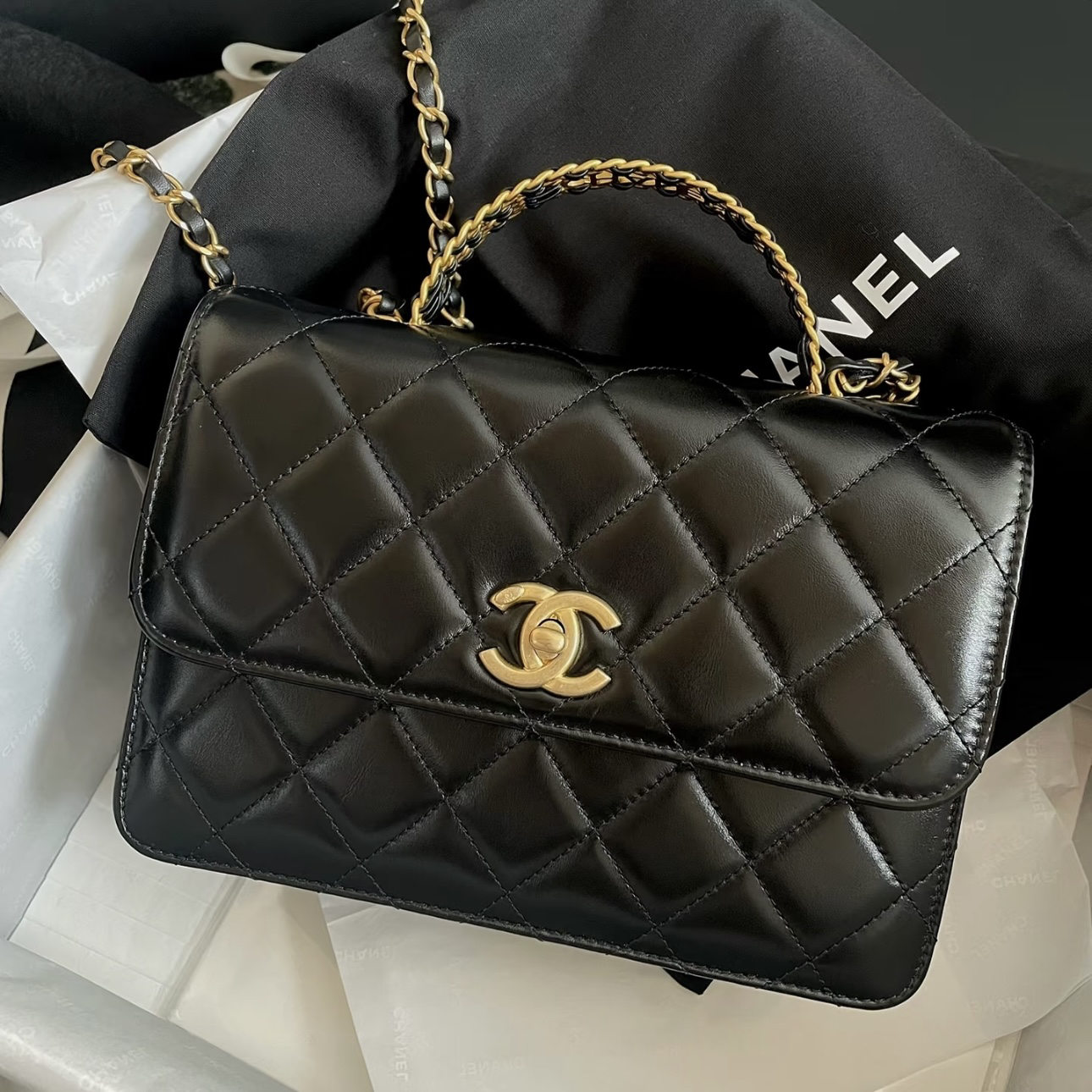 99新 Chanel/香奈儿 艾瑟尔中古/23p黑金镂空手柄单肩包/
