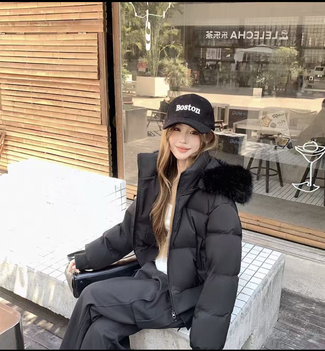 Tloml 2025新款肯豆狐狸大毛领90白鸭绒短款收腰羽绒服