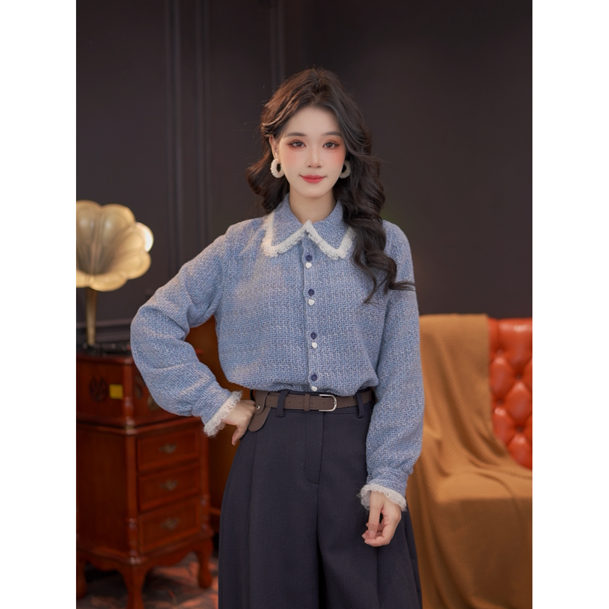 DaYuanSAD婉儿蕾丝翻领针织衬衣上衣女内搭打底长袖衬衫#G15036