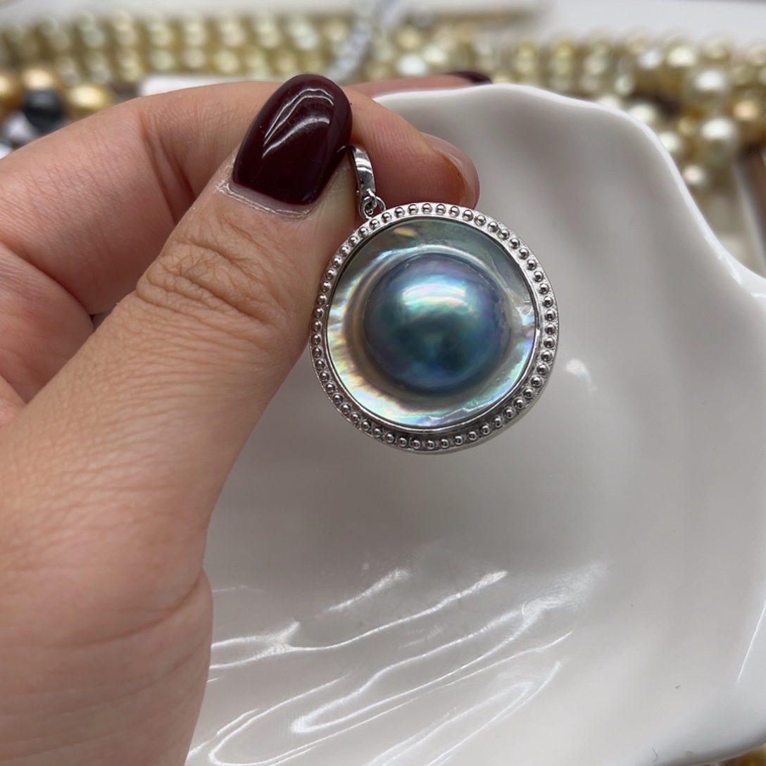 银S925镶嵌拼合珍珠（马贝珠）吊坠(不含链)