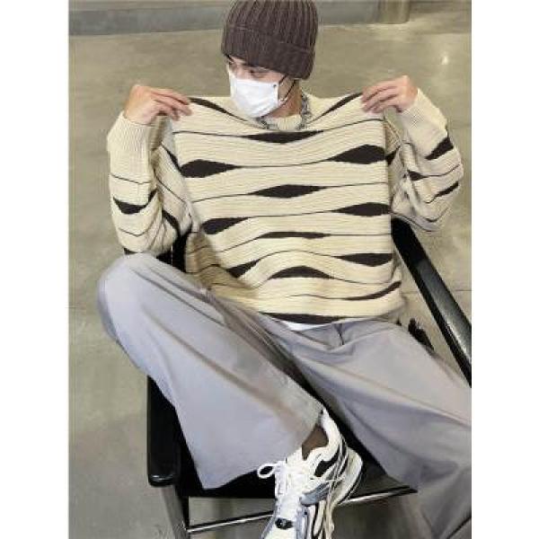 美式复古撞色条纹拼接毛衣男秋冬季慵懒高级感潮牌情侣针织衫