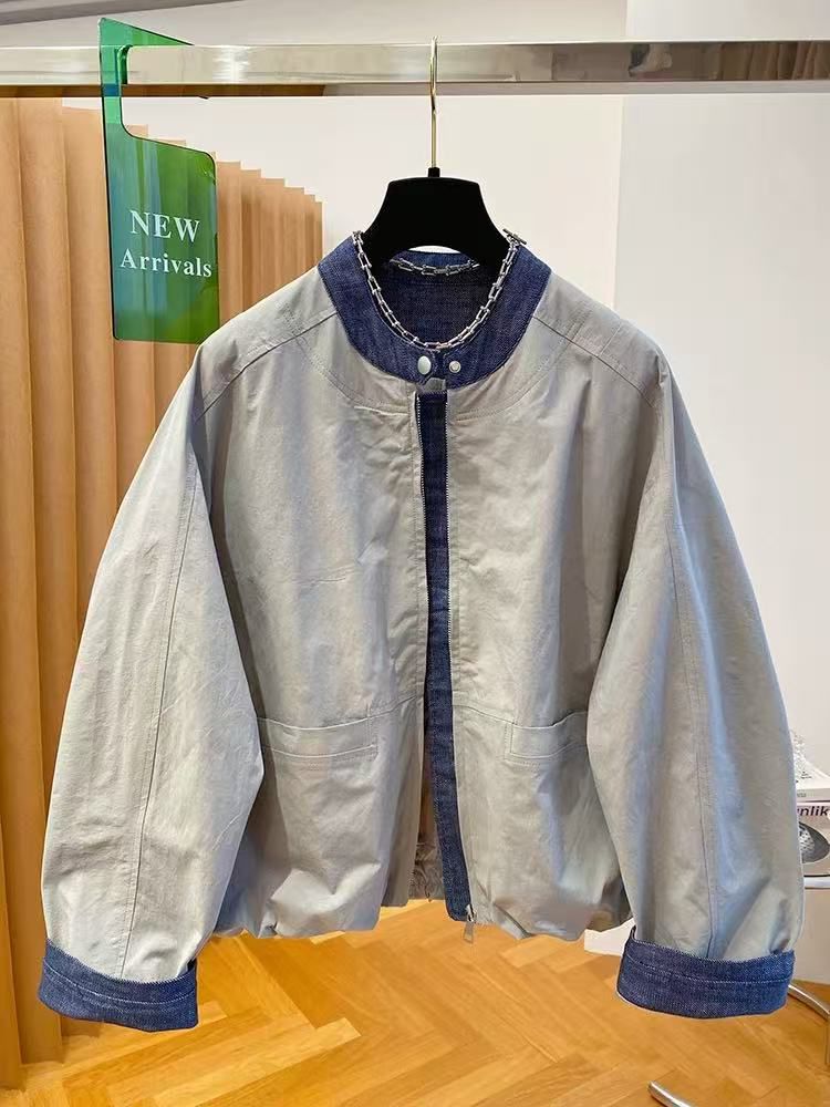 【RU779】韩国设计感小众牛仔拼接外套25新款宽松立领夹克棒球服
