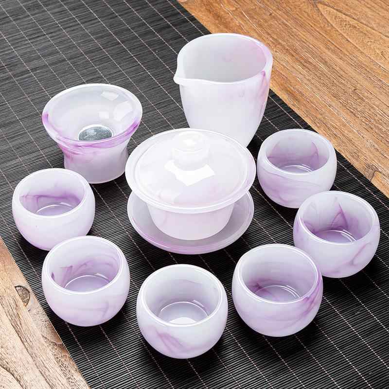 高档冰种玉瓷琉璃茶具套装新款紫云紫青花功夫茶具家用办公室会客