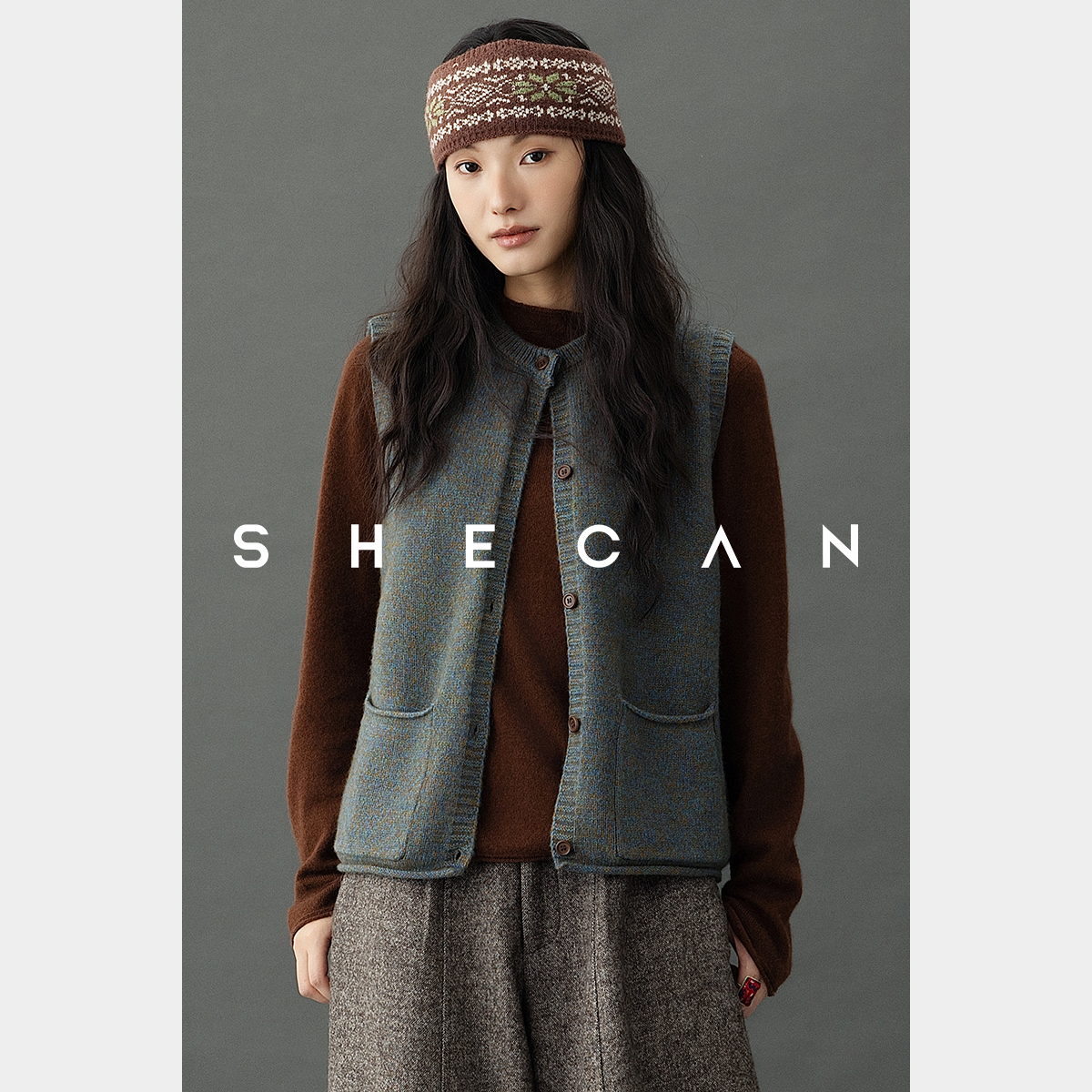 SHECAN【拾光】冬季绵羊毛牦牛绒拼接慵懒风小香毛衣马甲5DC103