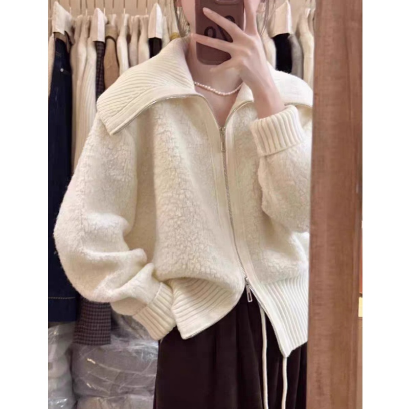 毛巾绣超韩加厚拉链翻领纯色羊糕糕针织大开衫1000