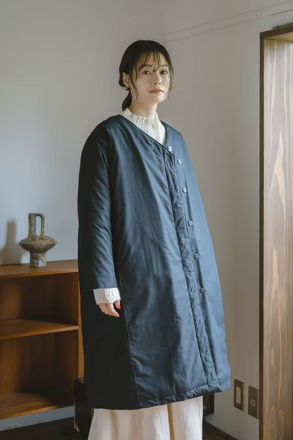 V领棉衣长款文艺上衣复古