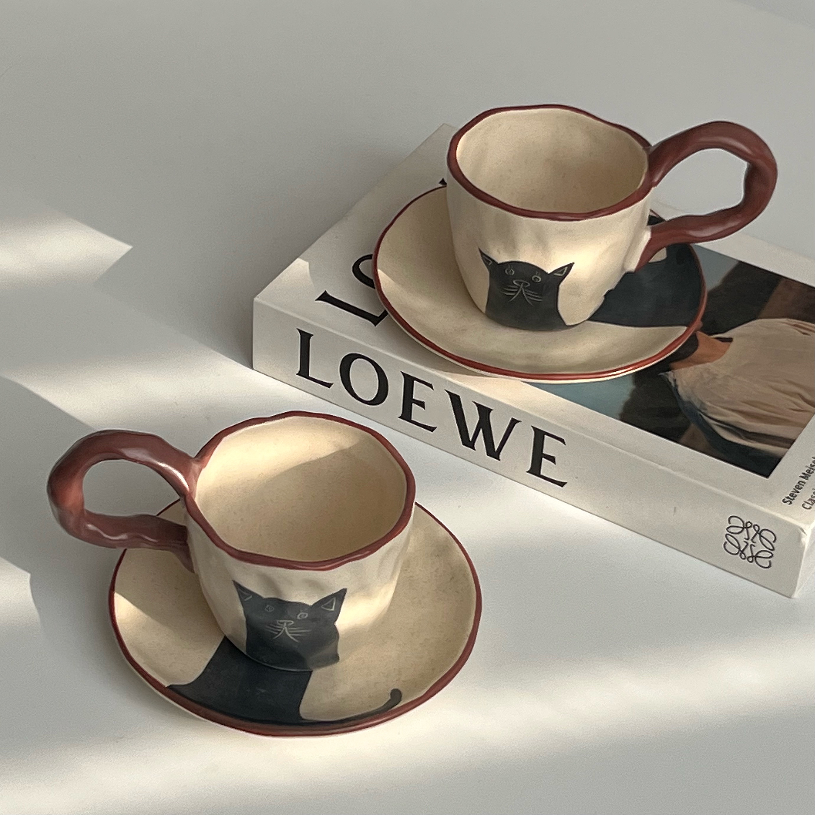 【胖猫咪】复古手作褐边咖啡杯釉下彩陶瓷杯碟下午茶水杯小众礼物