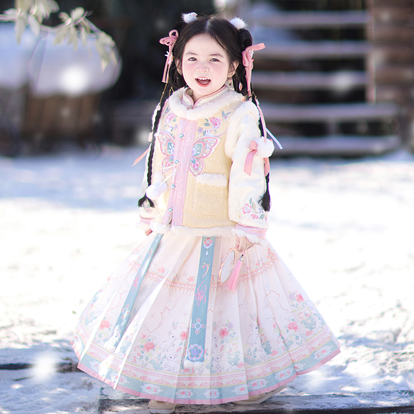 古月家.花蝶兔 汉服女童冬款儿童新中式明制马面裙套装仙气拜年服