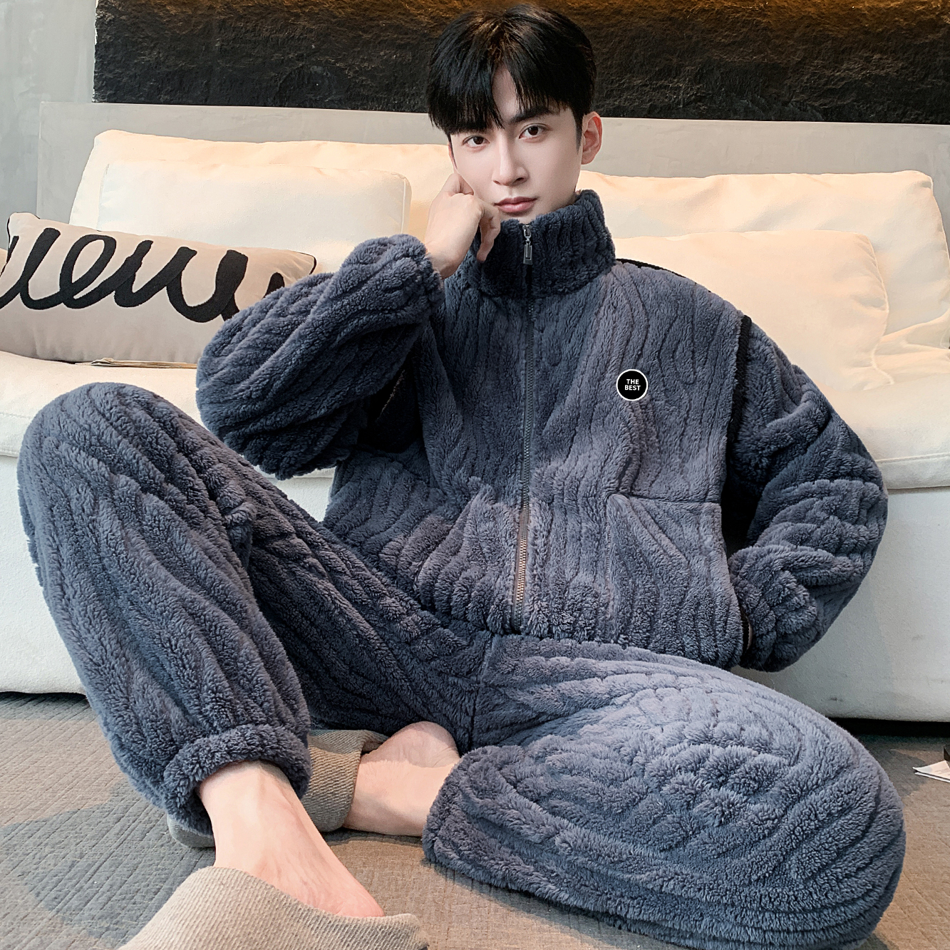 【循环锁温】法兰绒秋冬季保暖家居服套装男士可外穿双面提花绒睡衣
