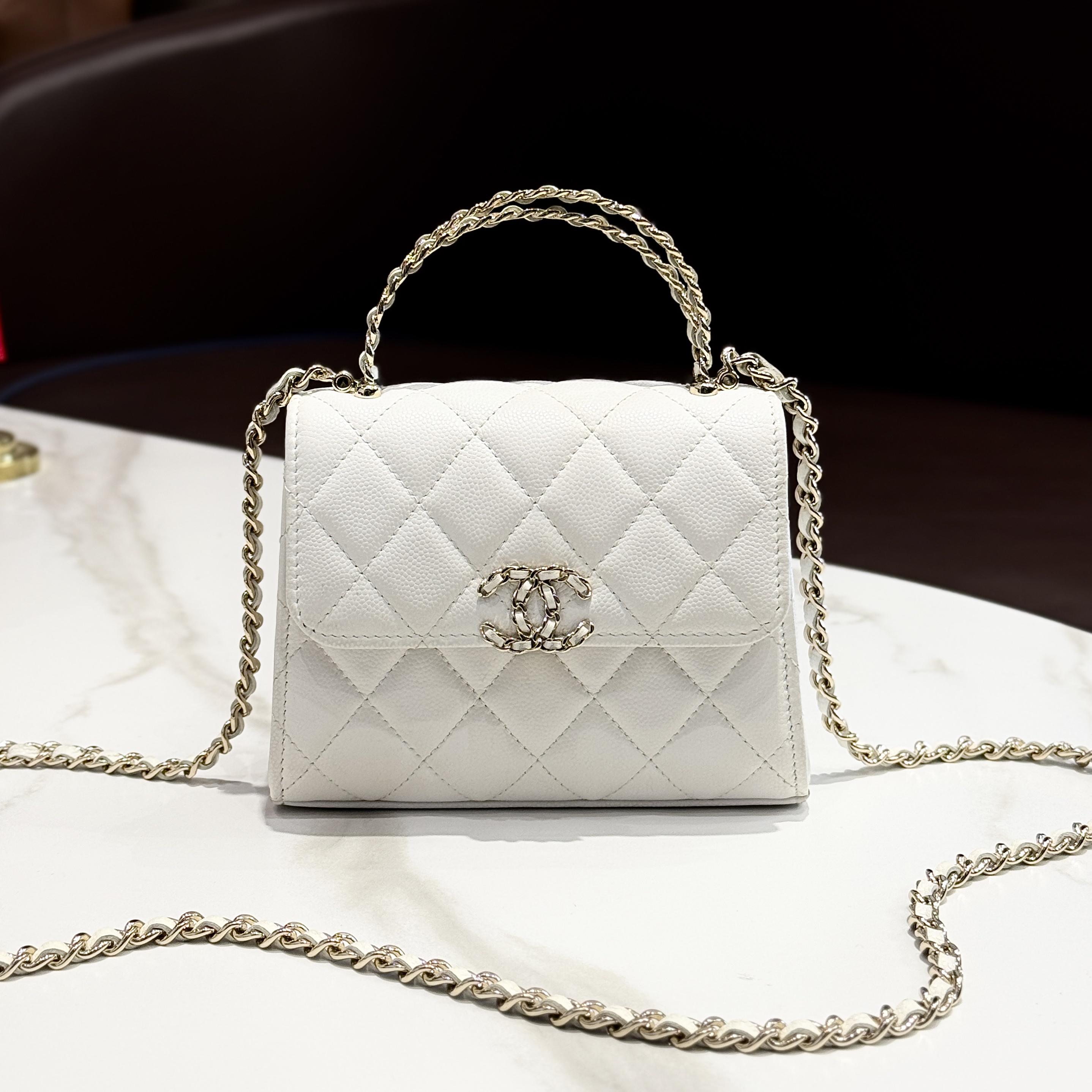 95新 Chanel/香奈儿 25s 白金荔枝牛 Kelly 手提单肩包/二奢