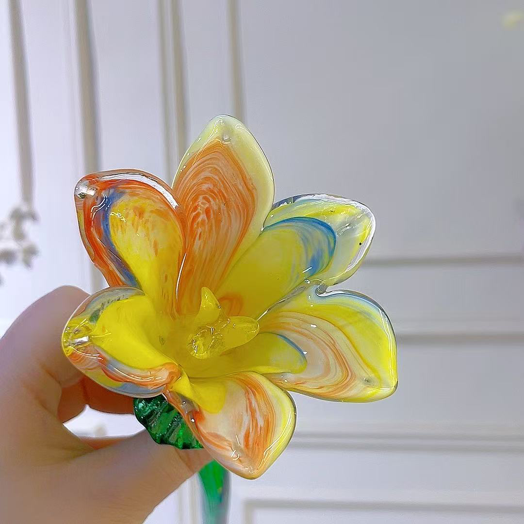 黄红蓝拉花 百合花手工琉璃摆件
