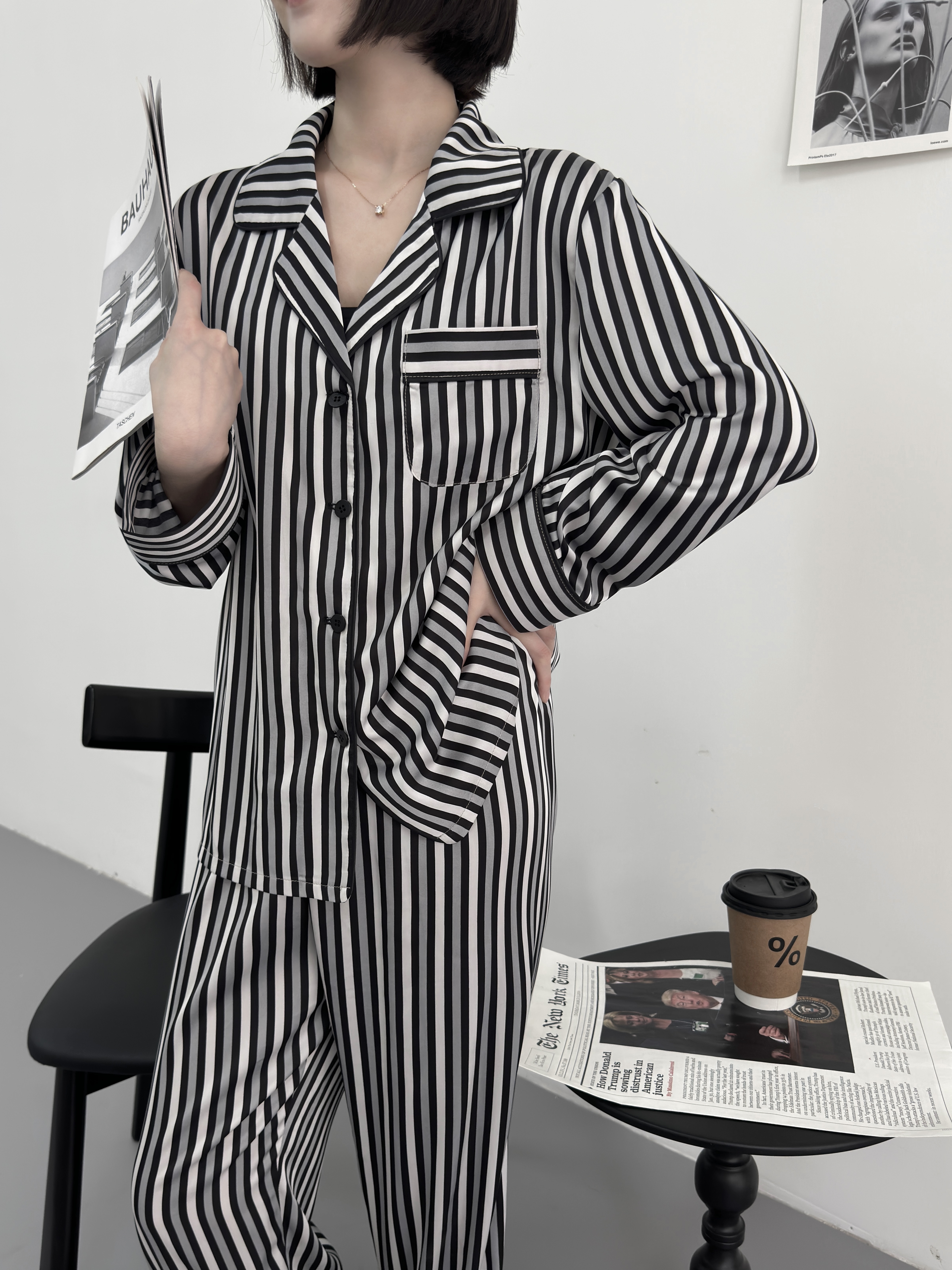 2025新款条纹长袖女新款睡衣套装春夏可外穿居家服·DN011-2